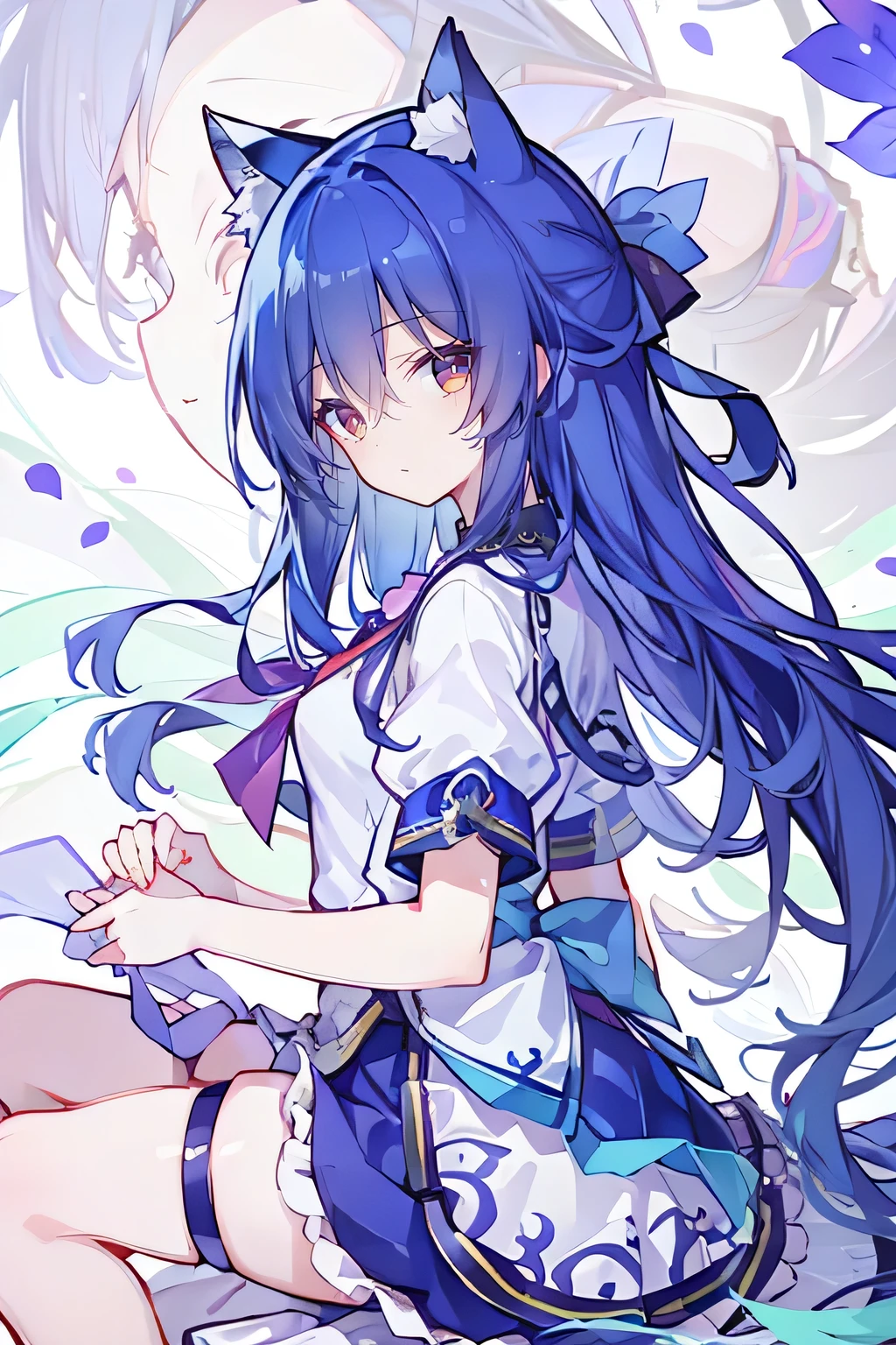 （masterpiece：1.2），Super detailed，lifelike，Expressive eyes，fair skin，perfect face shape，1 girl，
Japanese comics,Gorgeous blue hair,flowing blue hair,flowing clothes,Cat ears,Petals fall,beautiful lola,Baby Angel,
Shaking head with one hand，Cross your legs，，The pavilion is cool and comfortable,smile,back views,sunrise,Petals fall