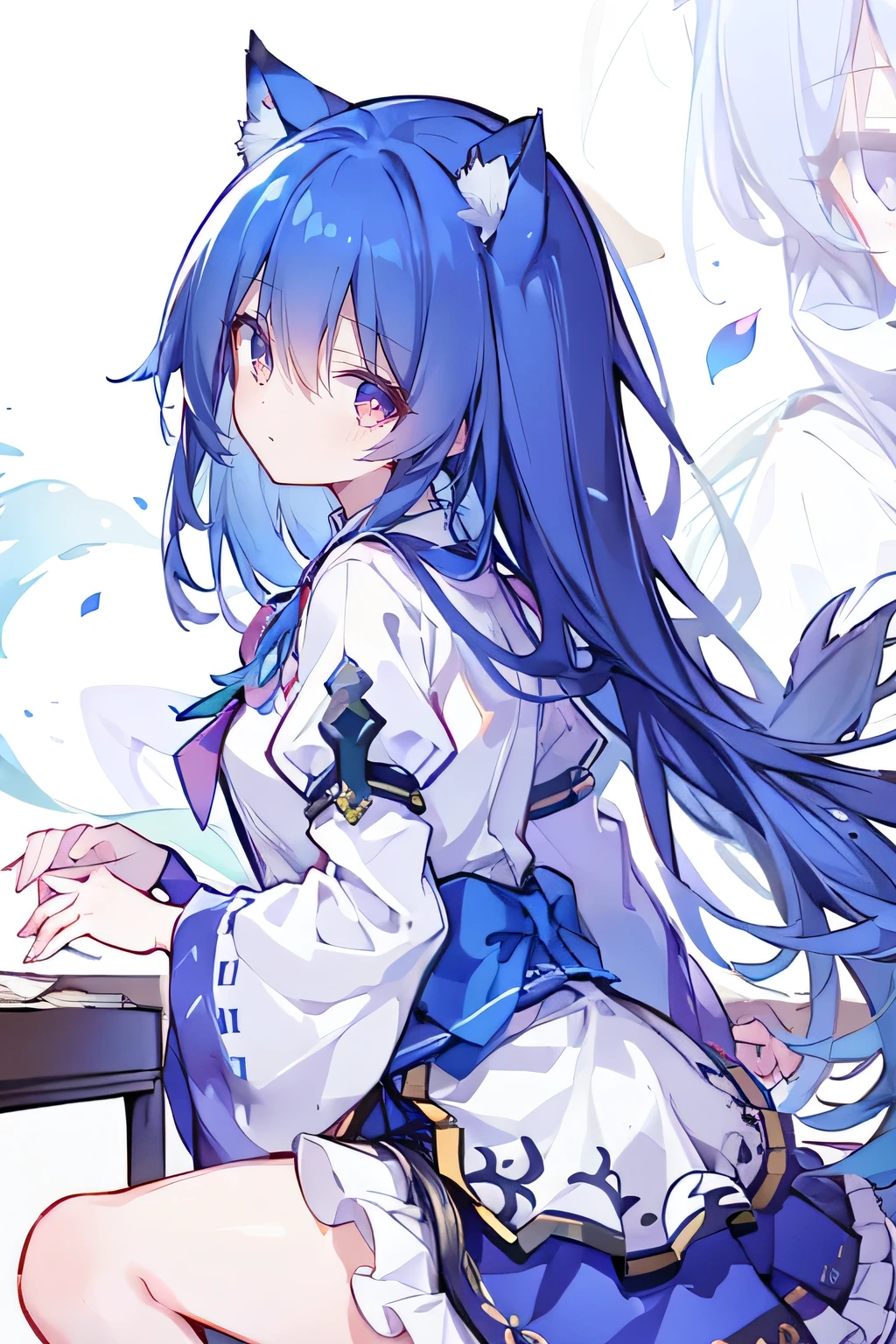 （masterpiece：1.2），Super detailed，lifelike，Expressive eyes，fair skin，perfect face shape，1 girl，
Japanese comics,Gorgeous blue hair,flowing blue hair,flowing clothes,Cat ears,Petals fall,beautiful lola,Baby Angel,
Shaking head with one hand，Cross your legs，，The pavilion is cool and comfortable,smile,back views,sunrise,Petals fall