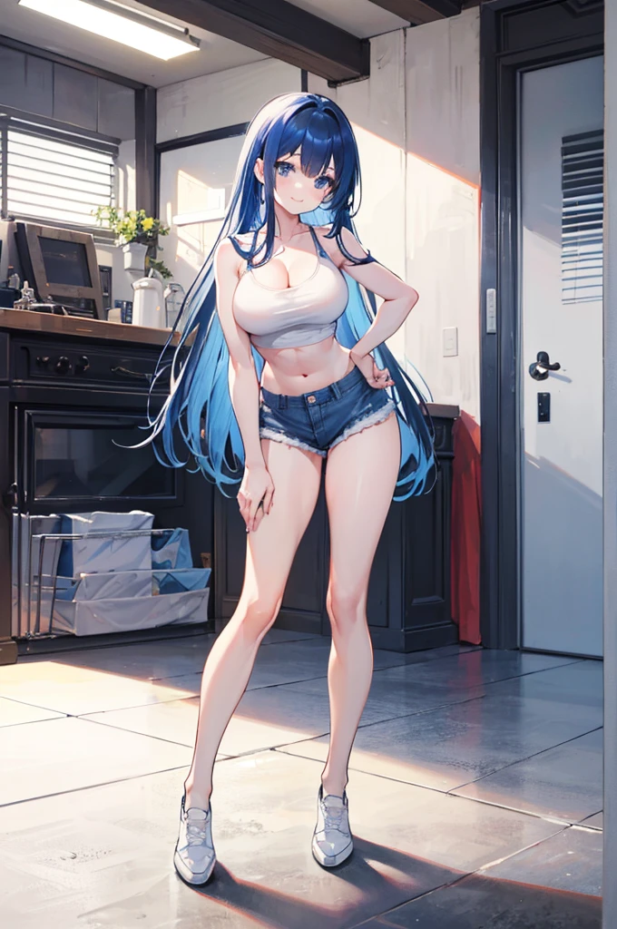 1girl, solo, (blue hair, blue eyes, long hair, bangs:1.0), (large breasts, biceps, triceps, muscular shoulders, muscular arms, narrow waist, petite:1.0), (white shirt, cleavage, bare shoulders, bare arms, bare legs, denim shorts, midriff peek, white shoes:1.0), light smile, indoors, full body,