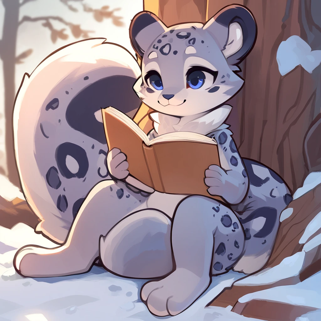 ((Highest quality)),((masterpiece)),Cute snow leopard illustration,Sitting and reading a book,2D,pop,Game design character,front,Big tail,Large limbs,
