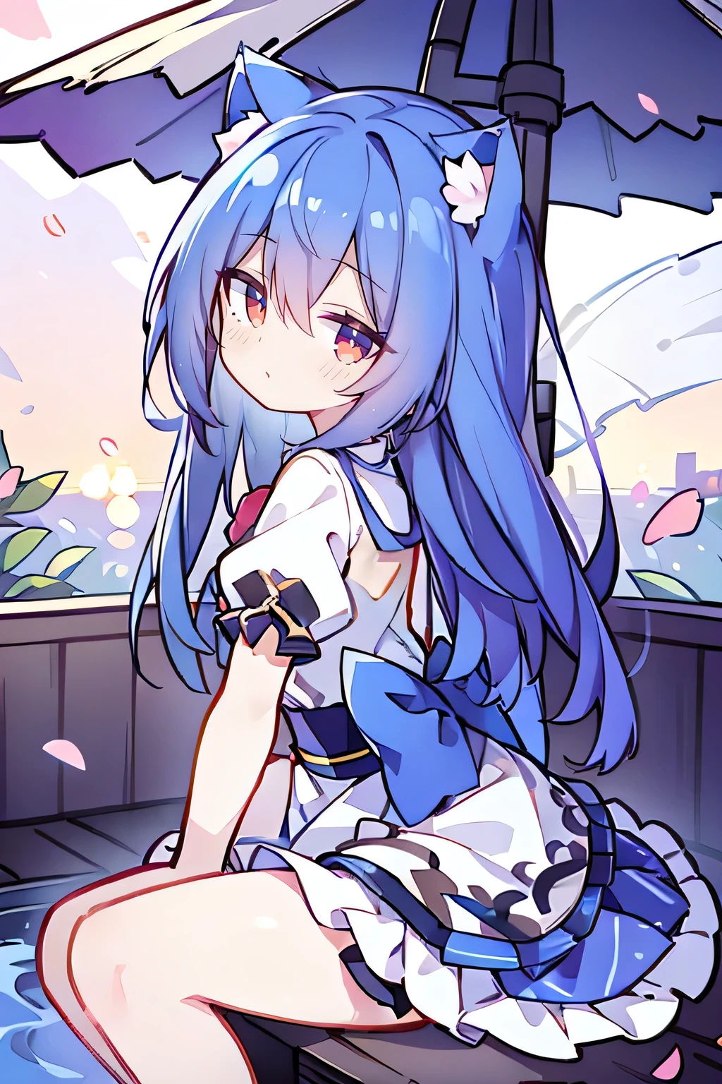 (masterpiece:1.2),Super detailed,lifelike,Expressive eyes,fair skin,perfect face shape,1 girl,
Japanese comics,Gorgeous blue hair,flowing blue hair,flowing clothes,Cat ears,Petals fall,beautiful lola,Baby Angel,
Shaking head with one hand,Cross your legs,,The pavilion is cool and comfortable,smile,back views,sunrise,Petals fall