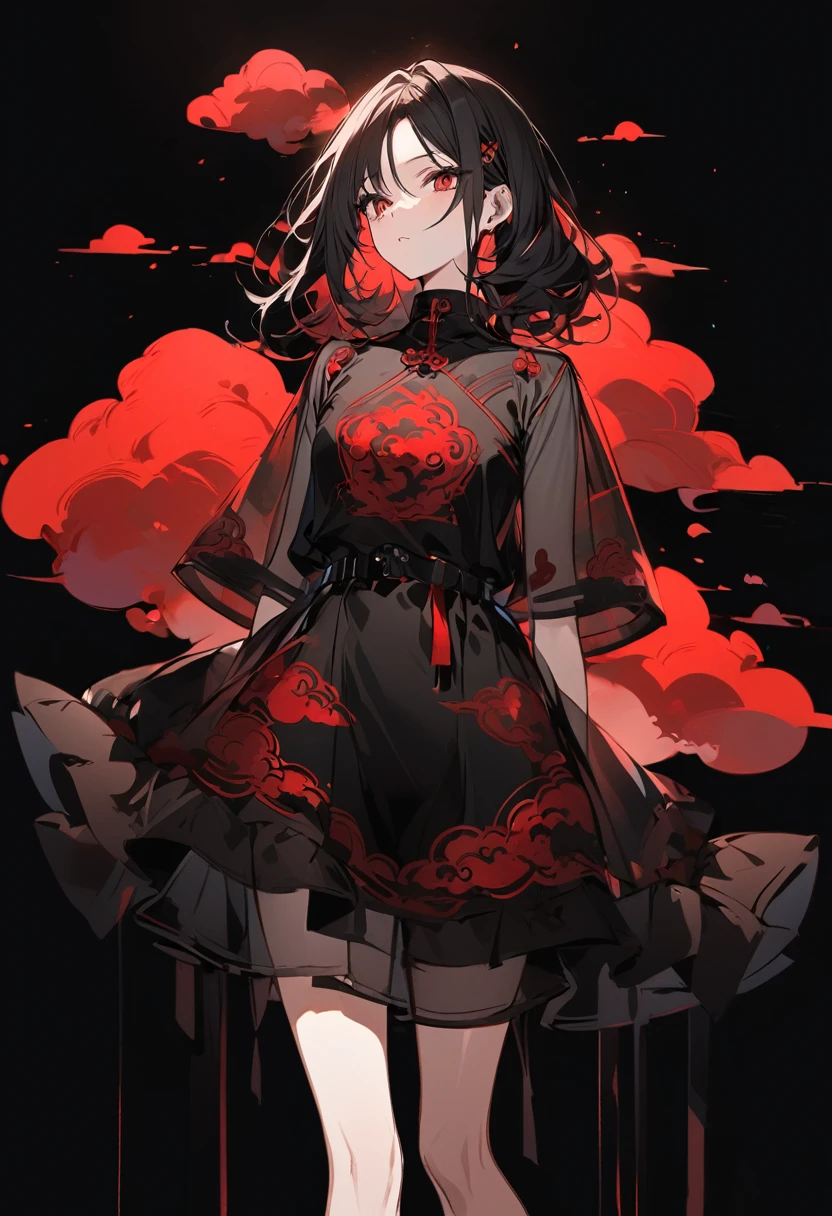 Girl with red cloud motif,Pitch black background,See-through garments