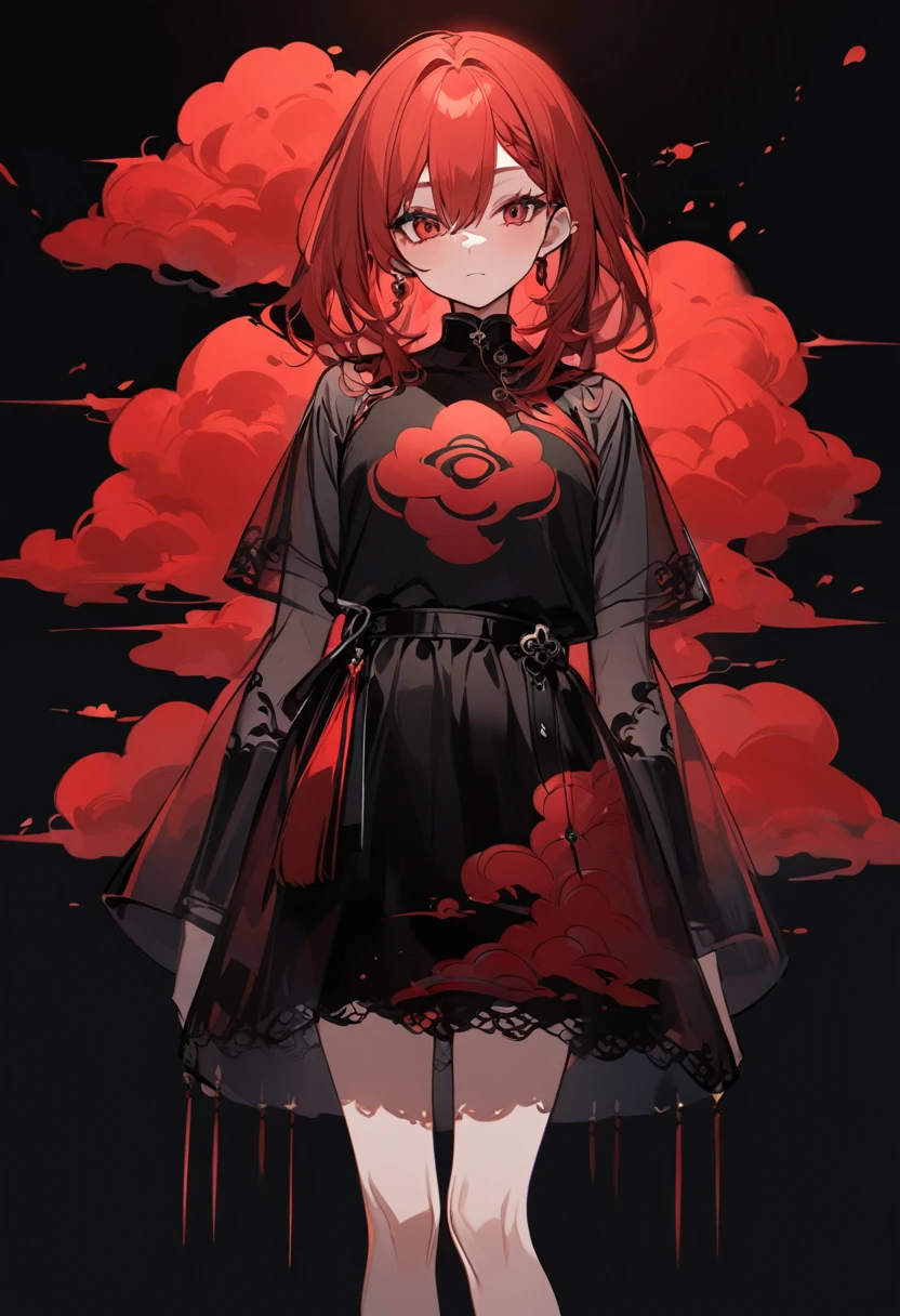 Girl with red cloud motif,Pitch black background,See-through garments