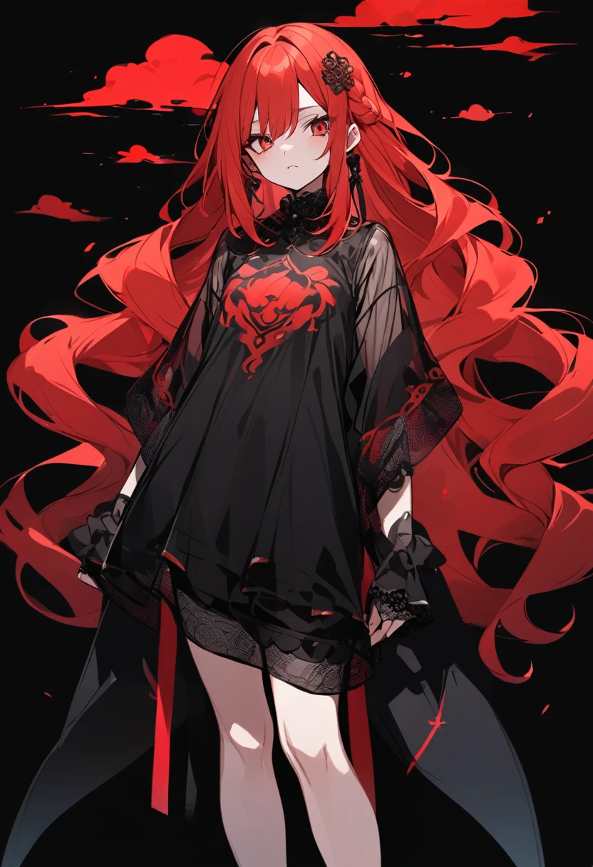 Girl with red cloud motif,Pitch black background,See-through garments