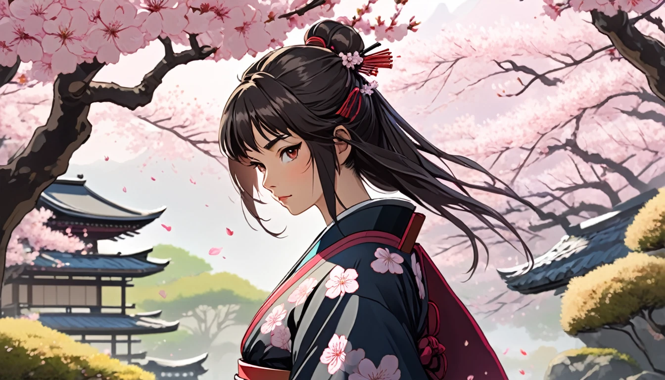 Female samurai,Background is cherry blossoms and Japanese garden,Japanese anime style