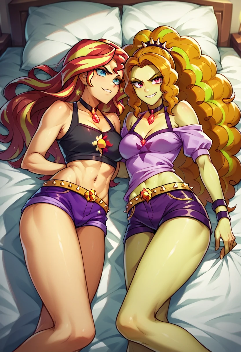 Adagio Dazzle makes Sunset Shimmer put on her clothes, Adagio Dazzle and Sunset Shimmer Equestria girls, in Adagio Dazzle's bedroom, Adagio Dazzle and Sunset Shimmer, cuerpo completo, High resolusion