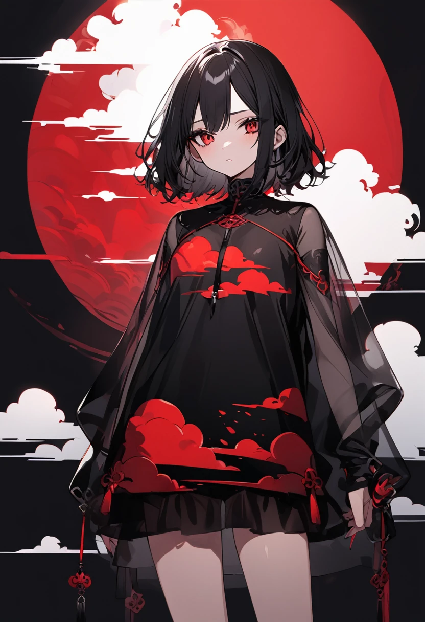Girl with red cloud motif,Pitch black background,See-through garments