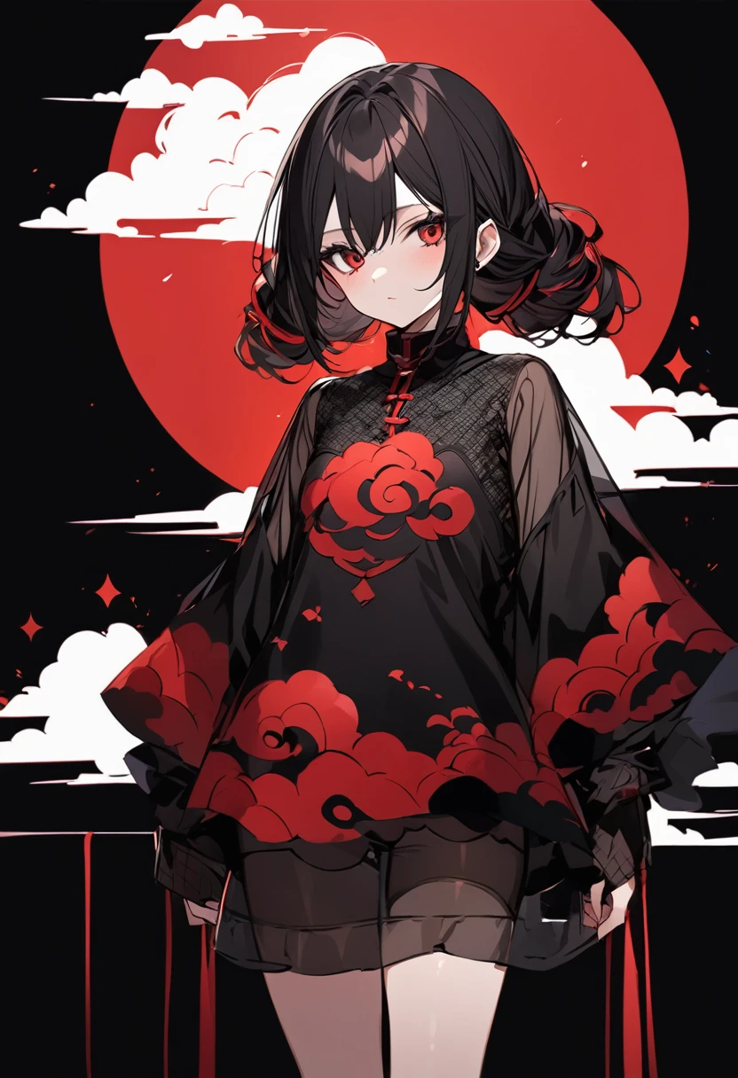 Girl with red cloud motif,Pitch black background,See-through garments
