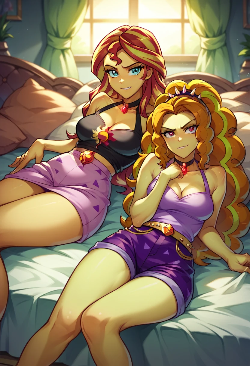 Adagio Dazzle makes Sunset Shimmer put on her clothes, Adagio Dazzle and Sunset Shimmer Equestria girls, in Adagio Dazzle's bedroom, Adagio Dazzle and Sunset Shimmer, cuerpo completo, High resolusion 