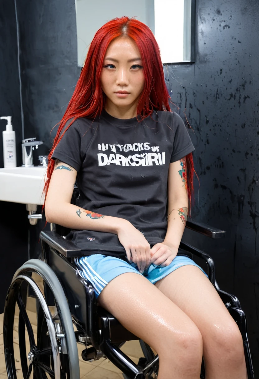 Uhd, photo of Cami, subject: Noriko, 1/2 Japanese 1/2 Hainu skinny girl in 2/00 a large wheelchair with ((wet long red hair and head resting on a Hairdressing Sink)), shampoo foam on hair, blue+++ eyes, oval face, LGBTQIA+, queer, punk style, wearing grey tracksuit treasures and black t-shirt, tattooes. Background: black walls of hairdressers' studio.
