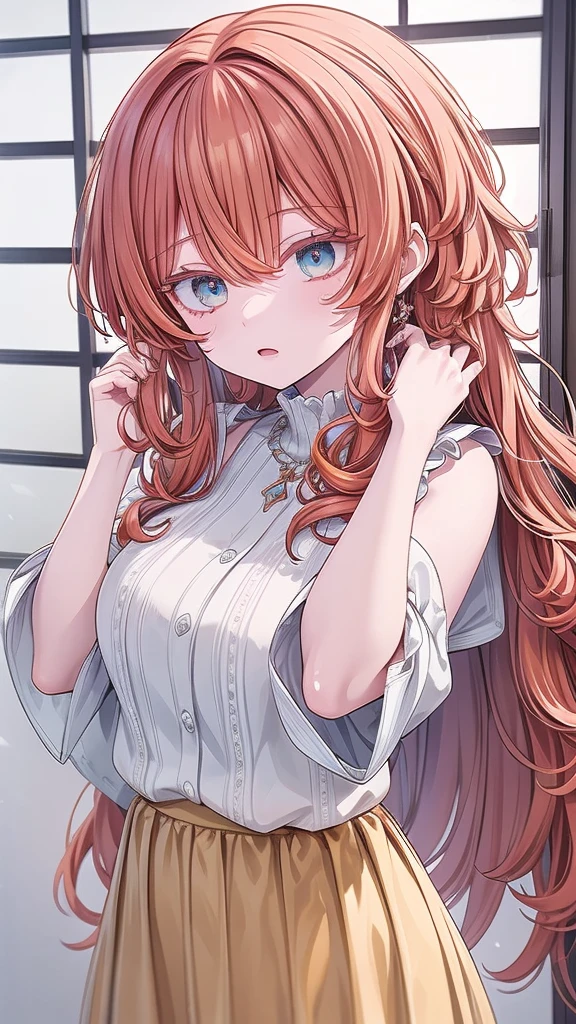  Artwork, best quality, high quality, ultra detailed, anime style, 1 girl, cute, beautiful skin, ((bright turquoise eyes)), ((orange eyelashes)), ((colorful eyelashes,)) ((orange hair)), ((long orange hair)),((long curly orange hair)), ((messy hair)), ((intricate hair)), ((messy hair)), ((colored eyelashes)), ((orange eyelashes)), revealing white dress