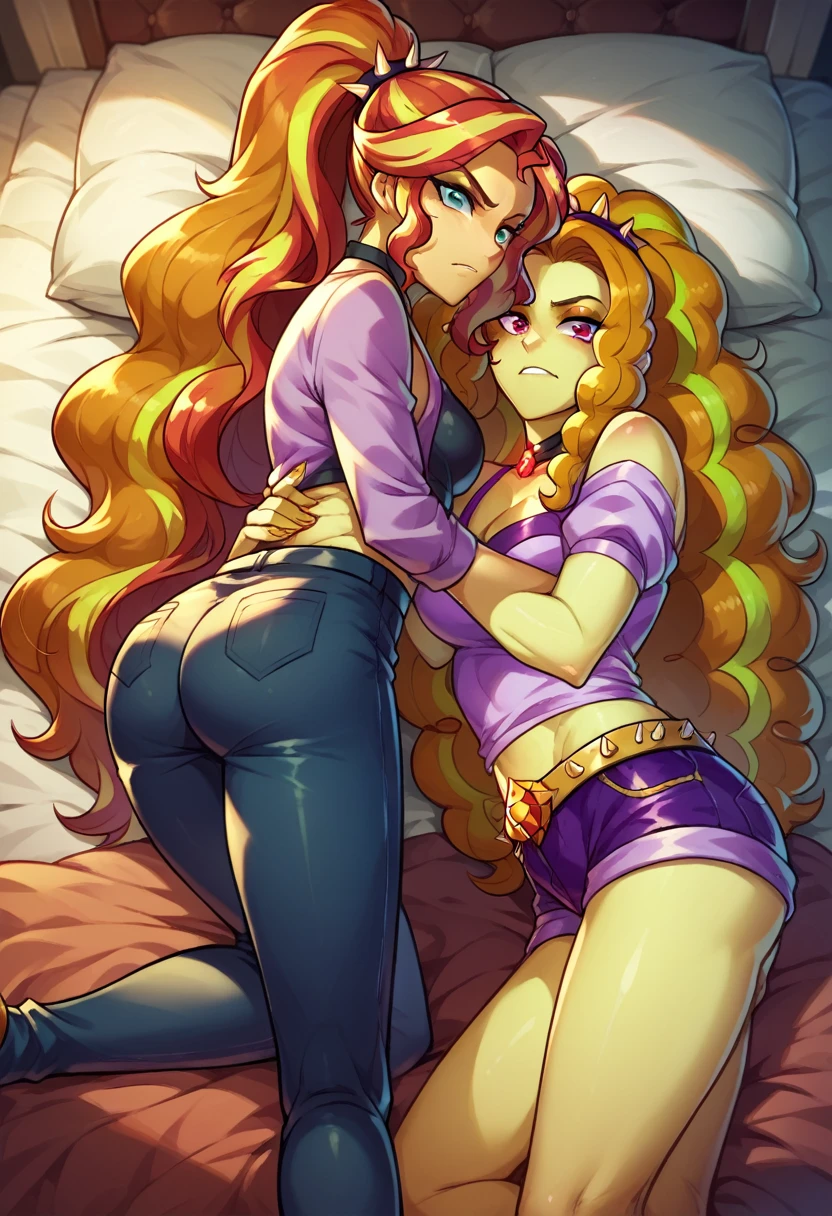 Adagio Dazzle makes Sunset Shimmer put on her clothes, Adagio Dazzle and Sunset Shimmer Equestria girls, in Adagio Dazzle's bedroom, Adagio Dazzle and Sunset Shimmer, cuerpo completo, High resolusion