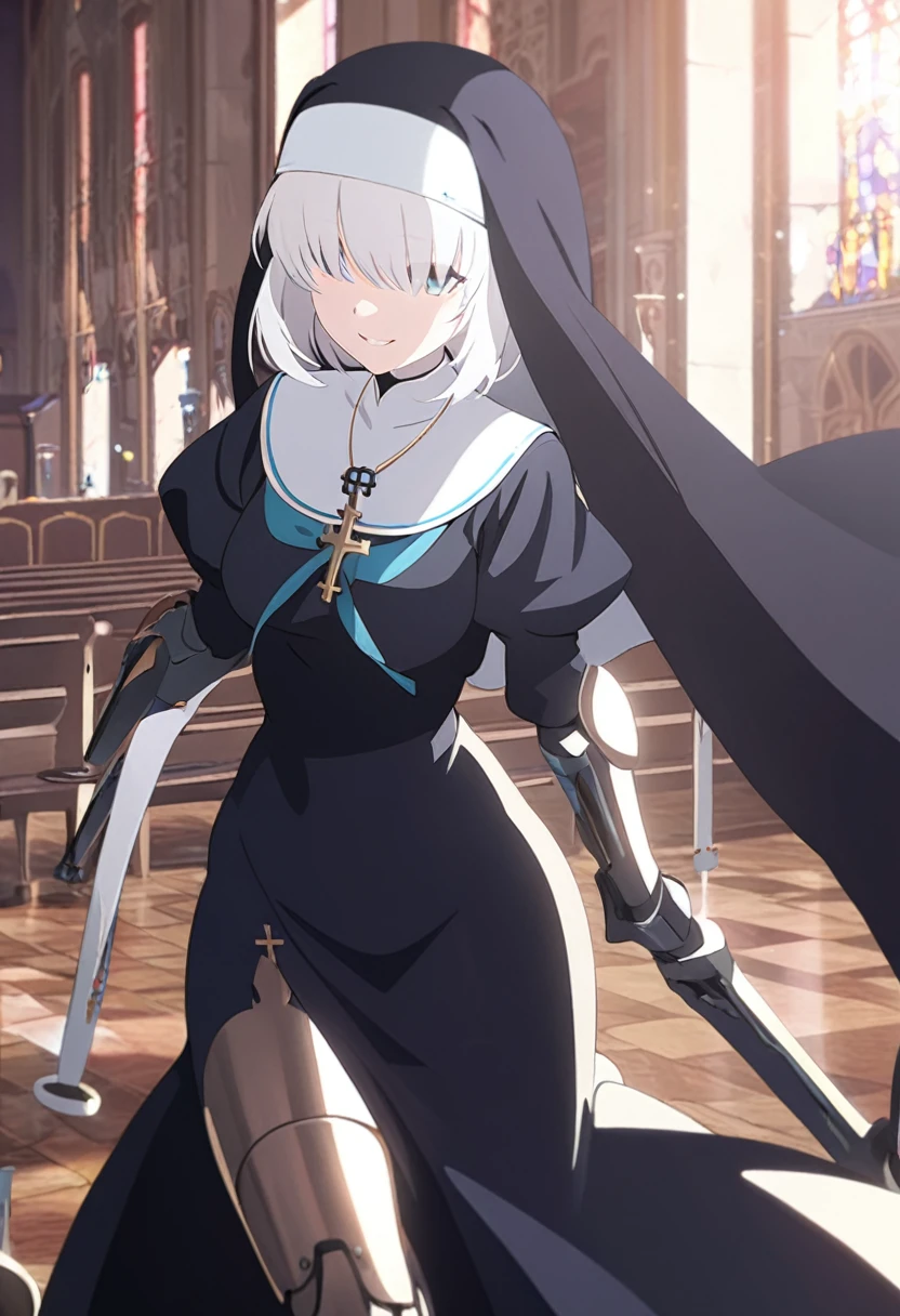 1girl, nun, cross, cross necklacke, jewelry, white hair, very short hair, hair over eyes, iron skin, aqua eyes, black dress, church, smile, prosthetic legs, (masterpiece), best quality, anime style,
