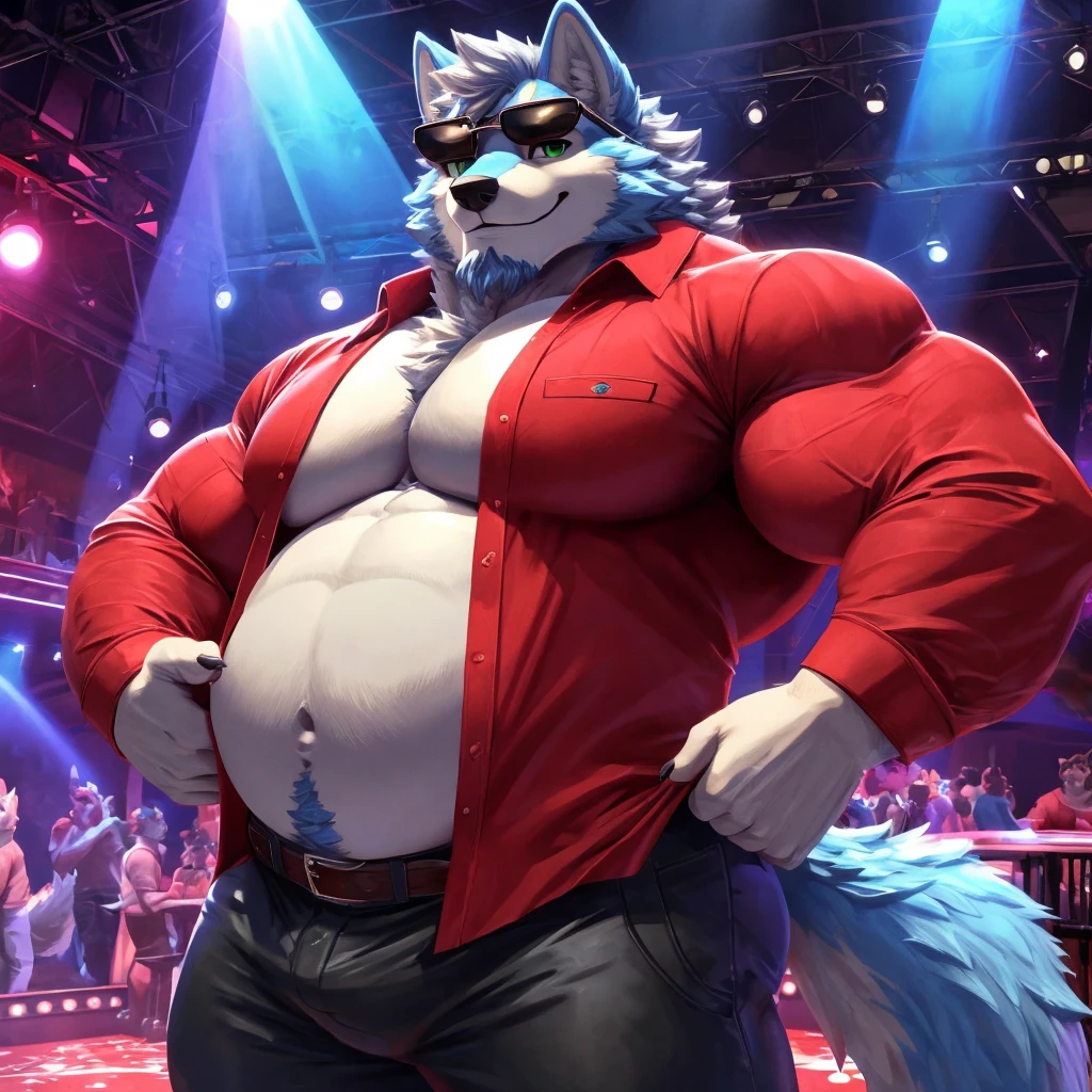 ((solo)), Blue dog, blue fur, anthro(Bandit_Heeler), (Bluey), adult, mature, masculine, nipples, slim:1.2, muscular:1.4, tall:1.5, (correct anatomy:1.5), cinematic composition, dynamic pose, detailed eyes, detailed pupils, black pupils, vascular veins, (cartoon fur, detailed fur texture:1.3), topless, (naked) massive penis, dick, cock, balls, erection, (fully-erect), cum, ultradetailed, (by wfa:1.2), (by takemoto_arashi, by vorusuarts, by Traver009:1, by grimfaust:1), artificial lighting, stage lights, (Strip_Club:1.4 background), stripper, pole dancing, in front of pole, hands grabbing pole, money, people throwing money, cocky expression, showing off, smirk, naughty face, dog head ((open eyes, detailed):1.2), (detailed face:1.8), open mouth, (serious:1.5) expression), confident, sexy, attractive 