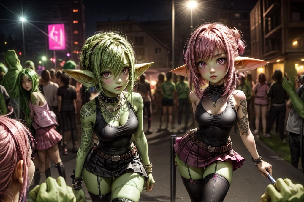 absurd resolution, ((best quality)), ((masterpiece)), (very detailed), 4k, goblin girl, hardcore punk rocker, pink hair, brown eyes, pink tank top, wearing microskirt, wearing chains, pink eye makeup, ripped fishnets, ((green skin)), small pointy ears, thigh boots, standing outside of a punk club, signing autographs for a crowd of fans, looking at viewer, holding pen and notepad, surrounded by adoring fans