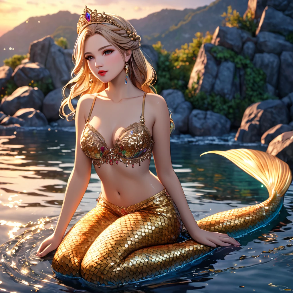 cute 20 year old mermaid princess with blonde hair with braids wearing beautiful hair accessoires sitting in the water posing and leaning with one arm on a stone, sunset, wears a golden glittery mermaid bra, beautiful mermaid, beautiful detailed human face, red lips, alluring eyes, elaborated mermaid golden tail, serene, masterpiece, full body shot, highres, high resolution, high quality, intricate details, extremely detailed, incredible details, full colored, complex details, insanely detailed and intricate, extremely detailed with rich colors. masterpiece, best quality, HDR, UHD, unreal engine, High quality, gorgeous, glamorous, 8k, super detail, gorgeous light and shadow, detailed decoration, detailed lines, glittery, fantasy, pretty colors, anime style