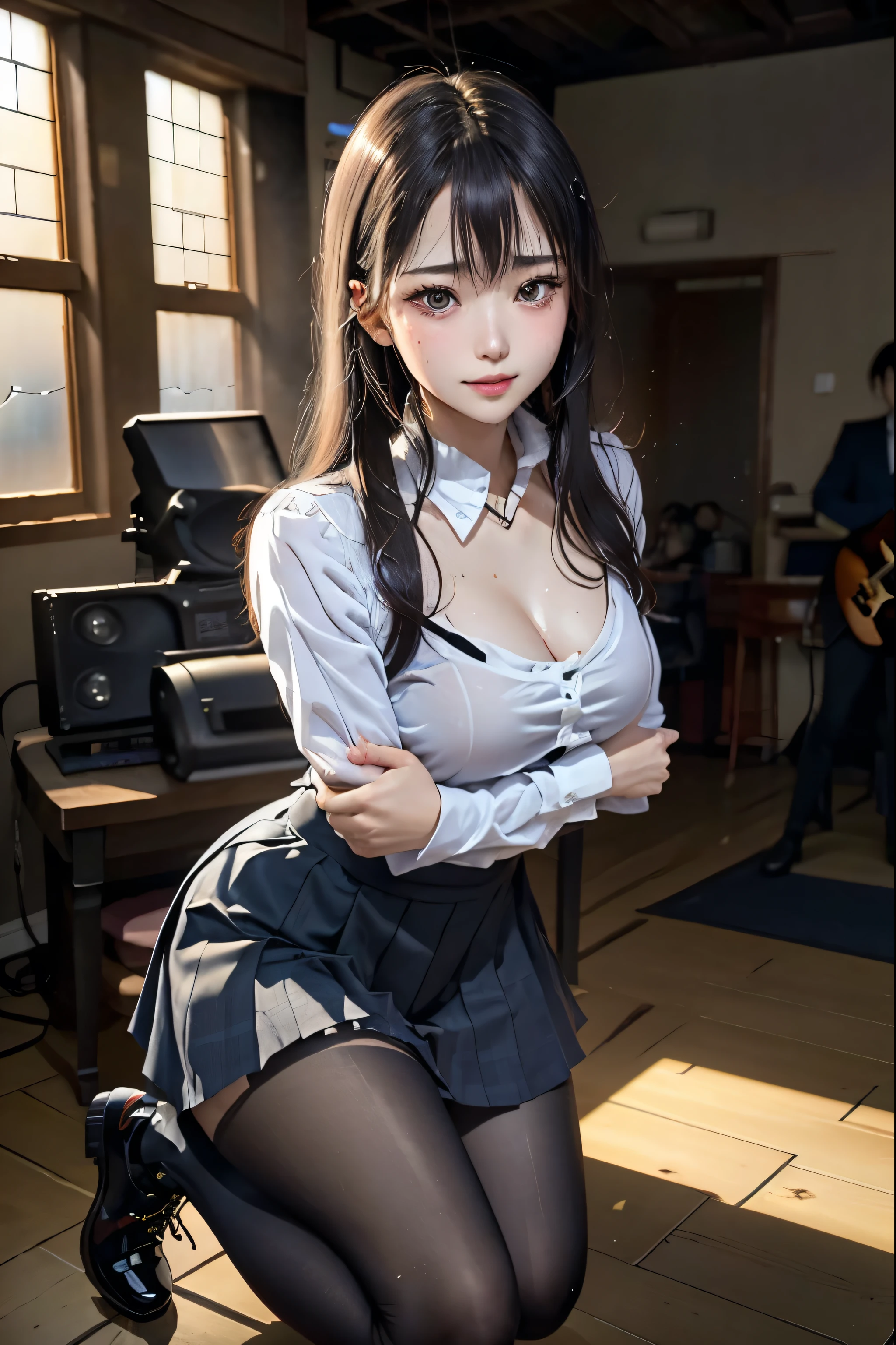 High school girl blazer、uniform、Red checked knee-length skirt、Long skirt、JK Style、Jacket、smile、Knee-high socks、Thigh-high socks、pantyhose、Extremely beautiful、Super cute、ennui、Rare Beauty、Dark black eyeshadow、Good skin tone、Long Hair Straightener、Dark gothic makeup、濃いsmile、Fragrance Beauty、Stained glass background、masterpiece、Highest quality、See 5 books、Sweat glistening on the chest、Sweat glistening on the face、、Golden Hair、Age 19 years old、Slightly slim、Mysterious look、Sad look、Golden Hair、Excessive sweating all over the body、A lot of sweat and light on the thighs、Shiny thighs、Plenty of sweat glistening on my thighs、Copious sweat glistens on the thighs、Sweating excessively、Gal、Japanese style face、Captivating look、Thin thighs、Playing guitar、I have a guitar、Singing passionately、バンドでPlaying guitar、Playing guitar chords、Background of the live music venue、Sing a song、Mouth open、Scenery of a live music venue、Mike stand、Glamorous live stage、Dynamic Angles、Platform boots、Are standing、Hime cut hair、Gothic Lolita、Shiny straight hair、