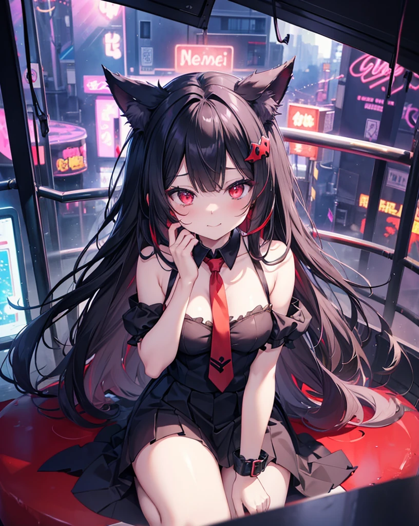 (8k, masterpiece, highest quality, Highest Level, Best image quality, Pieces fly, Intricate details, High resolution, Depth Field, Natural light, Professional Lighting), (Very beautiful girl), 1 girl, soro, (cute:1.2), Very beautiful 18 year old manga girl, (Skin with attention to detail: 1.2), Photorealistic Anime Girl Rendering, Realistic anime 3D style, Beautiful light silver long hair, Crossed bangs, Asymmetrical bangs, eyelash, Intense red eyes, Strong eye highlights, very beautiful big breasts, Perfect Anatomy, ((Cat ear, Black jacket, Wearing white lingerie, Black Mini Skirt, Accurate Arm, Five Fingers, Accurate legs)), (Purple LED, Modern futuristic headphones), (Panting face with half closed eyes, smile, Blushing cheeks, Panicked, Lying on the asphalt of the road, Place your chin on your hands, A vehicle overturned in an accident behind a girl, The vehicle exploded into flames, Red sunset clouds, Futuristic night city area, Cyberpunk Background), Decorative choker, bracelet, Thigh straps, Charm, Complex clothing, Intricate details, (8k, highest quality, High resolution,)