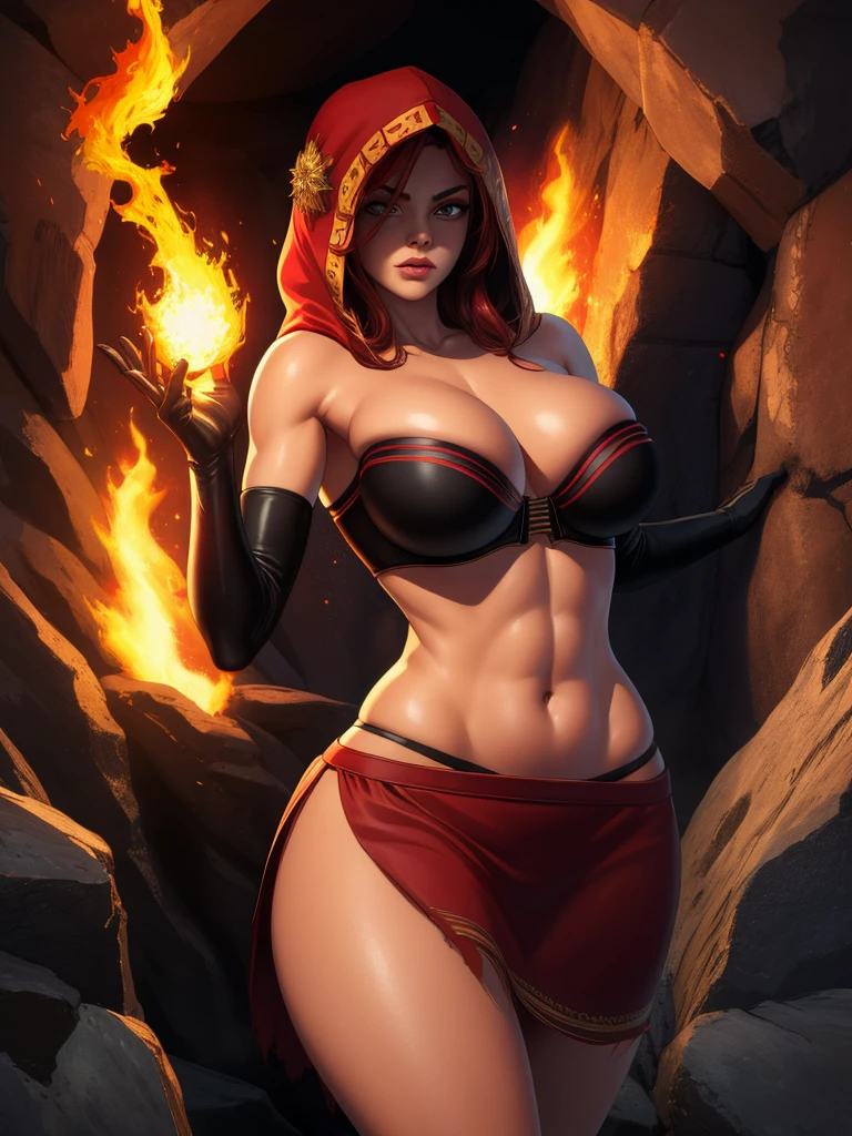 Dsorceress, redhair, shadowy face,dark cave, fire, hood, shadowed face, strapless bra, slim and athletic body, miniskirt, no panty, elbow gloves, dark skin, 1 girl (insanely detailed, masterpiece, best quality)