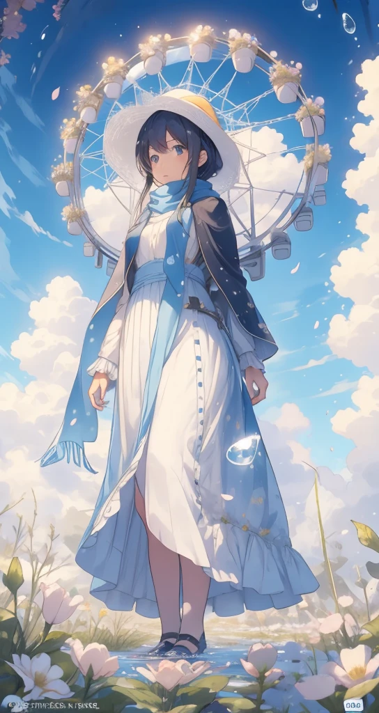 sky,1girl,cloud,outdoors,solo,hat,furry,grass,leaf,cloudy sky,petals,standing,scarf,no humans,Moon,at the bottom of the water,Bubble,many flowers,the background is a Ferris wheel, 