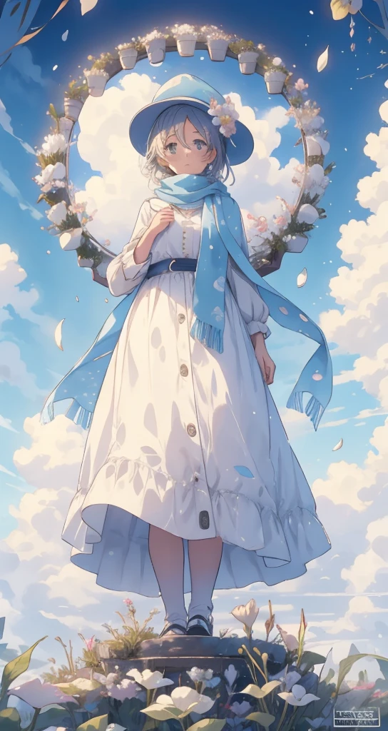 sky,1girl,cloud,outdoors,solo,hat,furry,grass,leaf,cloudy sky,petals,standing,scarf,no humans,Moon,at the bottom of the water,Bubble,many flowers,the background is a Ferris wheel,
