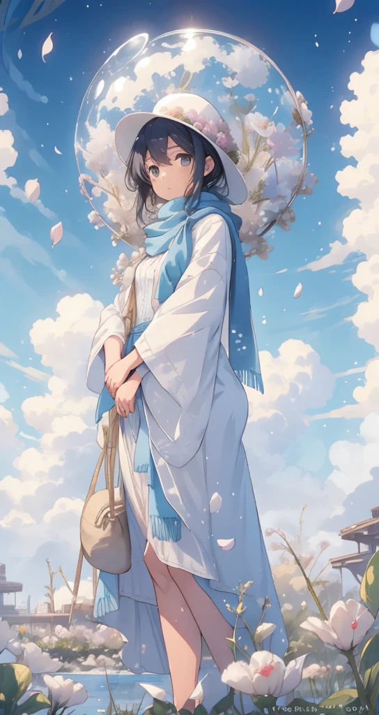 sky,1girl,cloud,outdoors,solo,hat,furry,grass,leaf,cloudy sky,petals,standing,scarf,no humans,Moon,at the bottom of the water,Bubble,many flowers,the background is a Ferris wheel,