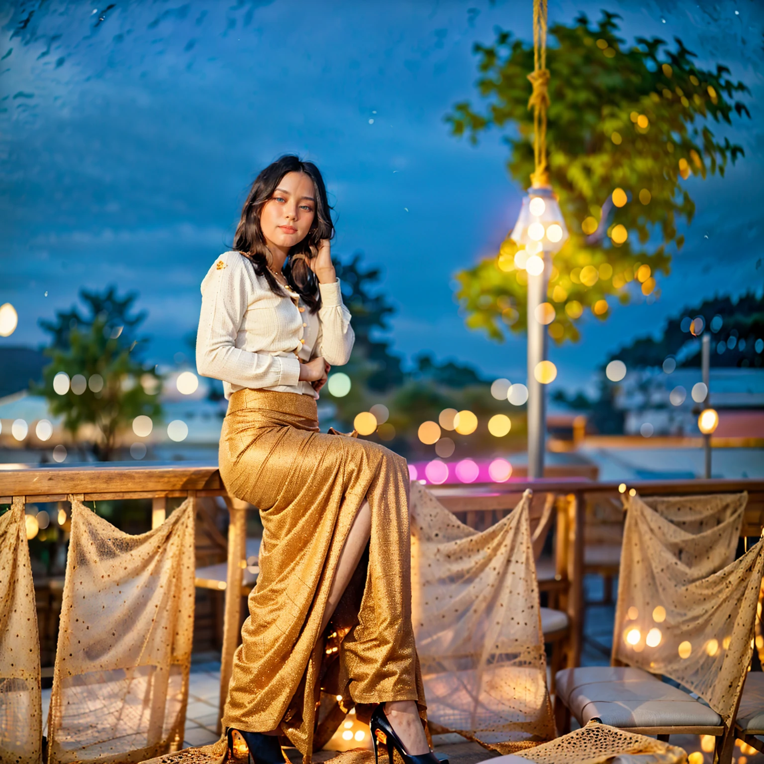 Burmese beautiful woman, 1 girl, solo, pretty lady MoonLay, innocent cute smile, red lips, (stylishly sitting on a stool and seductively gazing to the sky pose:1.5), smooth face skin, traditional beauty, cinematic portrait glow lighting, traditional dress, (white shirt:1.3), (red skirt:1.3), high heel, (full body view:2), (rooftop balcony with vibrant colorful hanging lanterns background:1.5), (cinematic bokeh blur background:1.5), (cinematic camera angle), cinematic lighting, perfect anatomy,