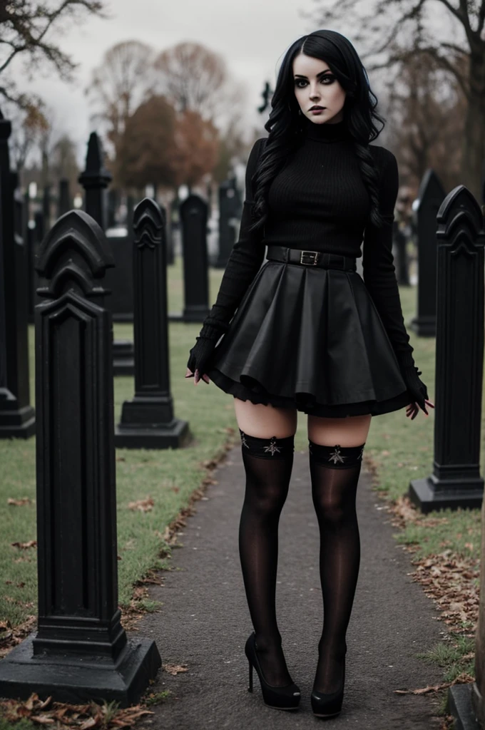 Attractive goth girl wearing black thigh highs socks, black high heels,  black skirt. Black top and black eyeliner in a dark graveyard