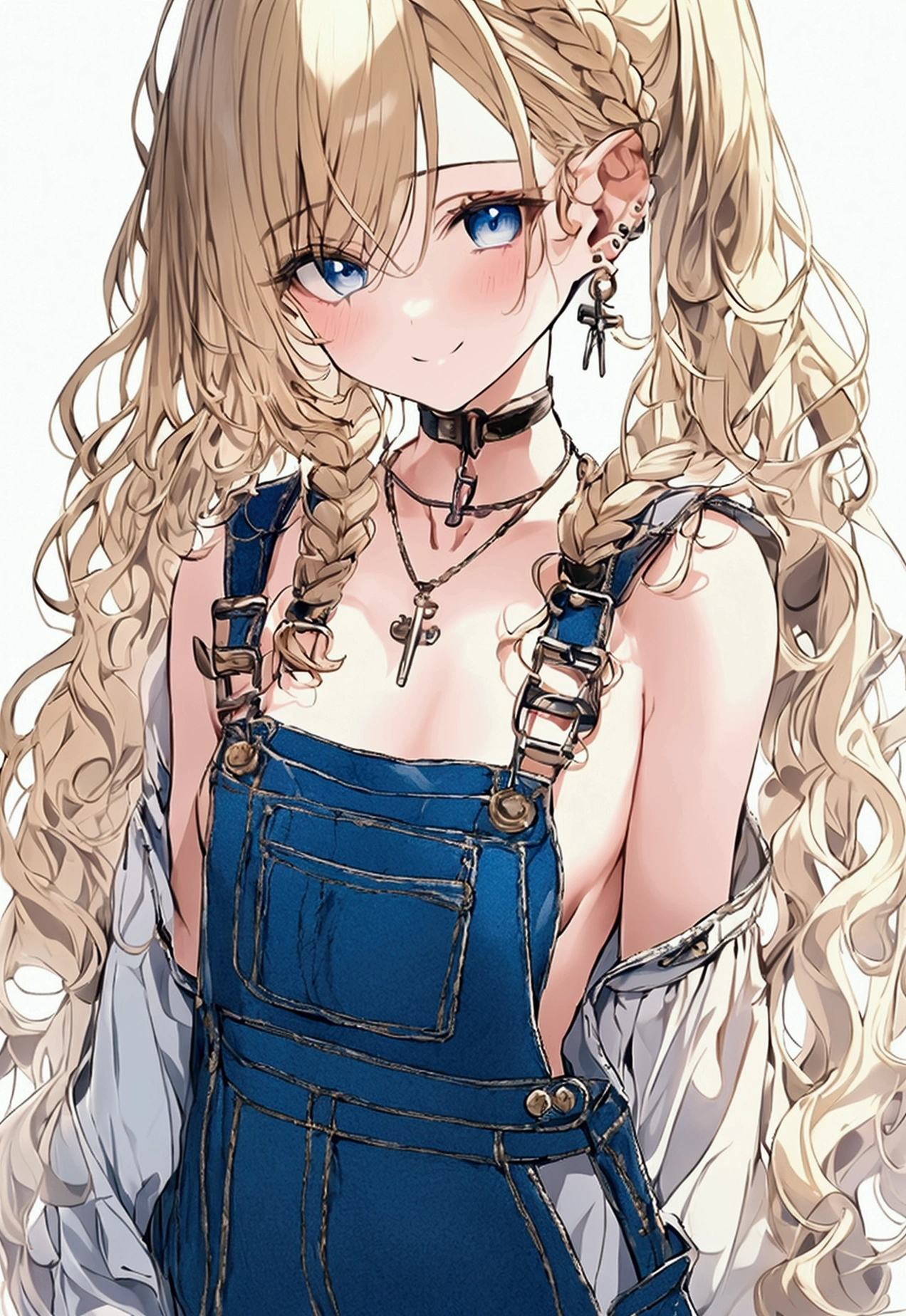 work of art, comely, 4K, detailded, details Intricate, , , overalls, jean overalls, cuffed overalls, hair blonde, long blonde braids, long flowing braids, soft blue eyes, soft smiling, slightly-smile, 1 girl, wearing no shirt, overalls over skin, bared shoulders, bare sleeves, bare arms, breasts small, Flat Breast, neckleace, neckleace behind overalls, virado para a frente, sidecut, torso shown, leaning forward, bottom blouse, neckleace