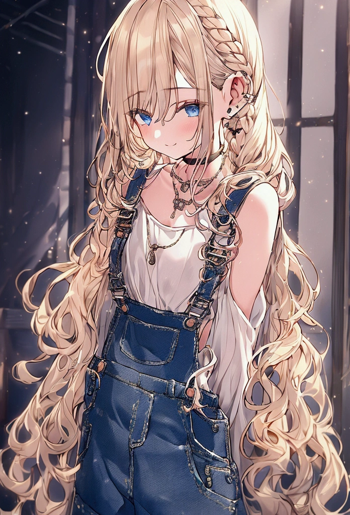 work of art, comely, 4K, detailded, details Intricate, , , overalls, jean overalls, cuffed overalls, hair blonde, long blonde braids, long flowing braids, soft blue eyes, soft smiling, slightly-smile, 1 girl, wearing no shirt, overalls over skin, bared shoulders, bare sleeves, bare arms, breasts small, Flat Breast, neckleace, neckleace behind overalls, virado para a frente, sidecut, torso shown, leaning forward, bottom blouse, neckleace