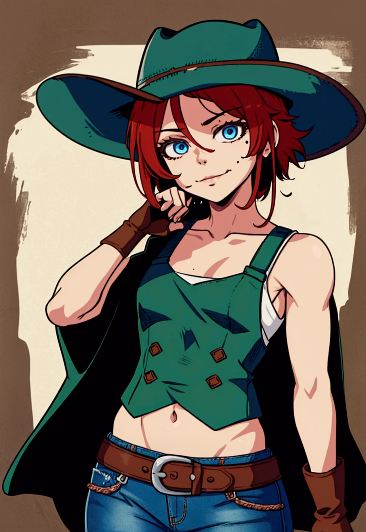 1girl, cowboy hat, white bra, green vest, no sleeve, navel, blue jeans, brown boots, fingerless short gloves, short hair, red hair, parted bangs, blue eyes, mole under right eye, slight smile, american old west, best quality, masterpiece
