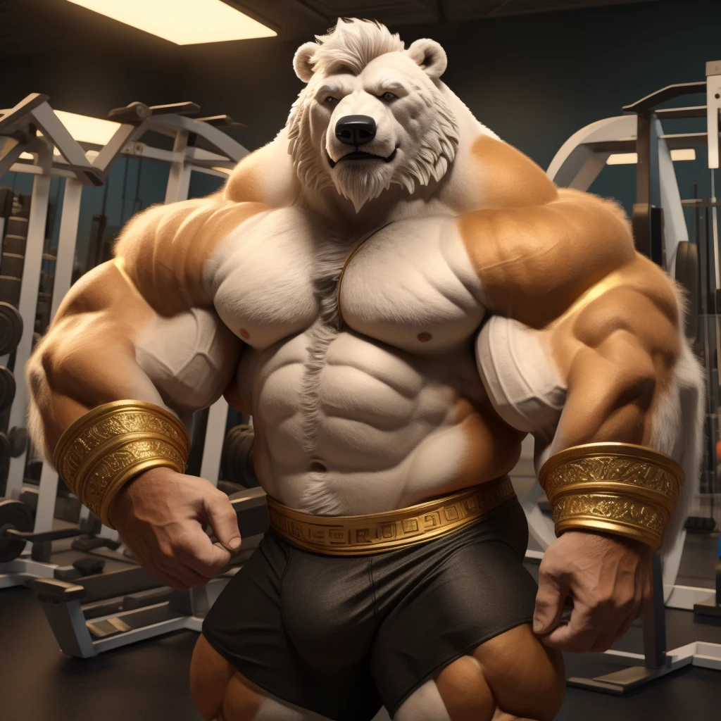 A huge muscular white polar bear, shirtless and topless, with short white hair, a white beard, and a white mustache, wearing a pair of black briefs that has a gold waistband, and two golden sashes that went across his chest, in a gym fitness center background, looking at the viewer and acting all bulky, masterpiece, best quality, 8k, highres, photorealistic, studio lighting, extremely detailed, physically based rendering, vivid colors, correct anatomy