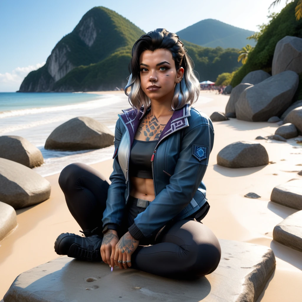 Beautiful picture of Fade from Valorant, fade_valorant, detailed, grey fingernails, shoulders tattoo of a bear paw, scar on nose, black grey hair, perfect body, perfect , sitting on the beach enjoying the view, bikini, sitting on a stone