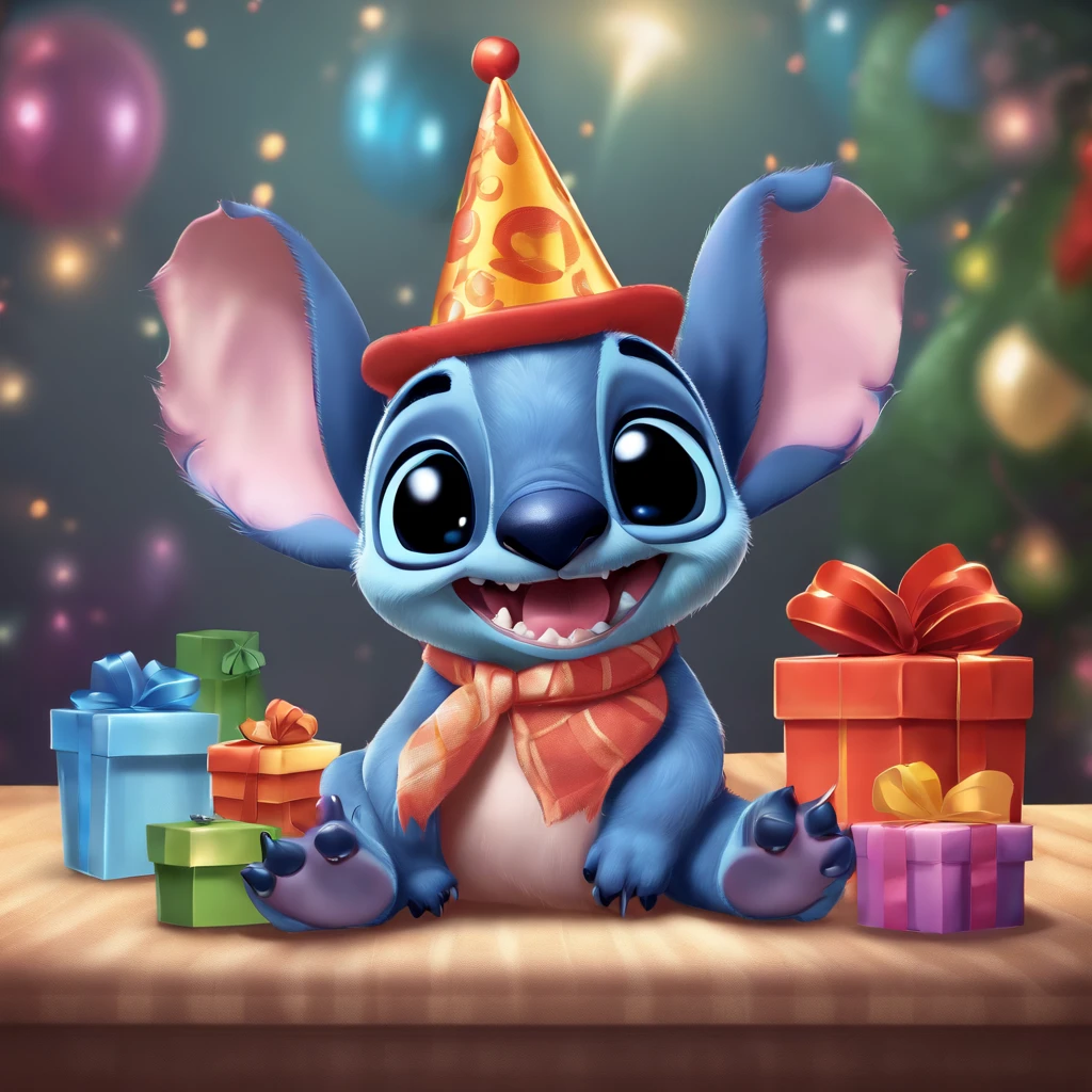 Stitch 3d, sitting down, Grinning, with birthday hat, next to gifts, Background transparent, pixar