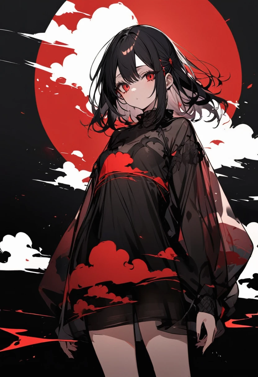 Girl with red cloud motif,Pitch black background,See-through garments,See-through body lines