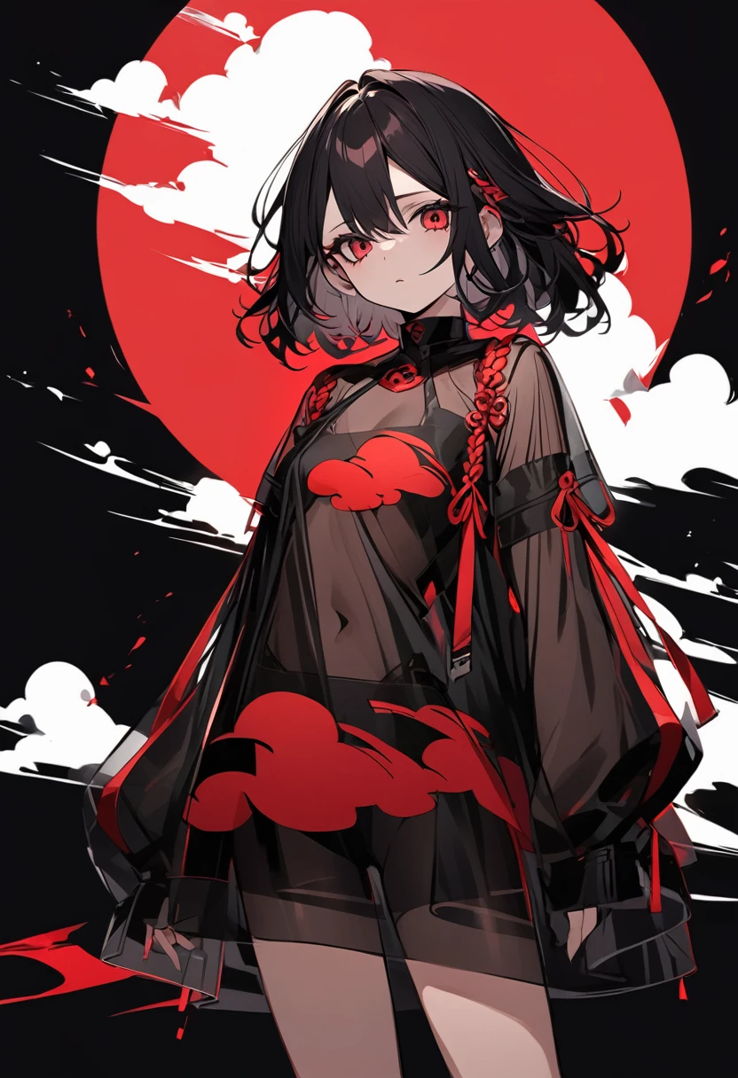 Girl with red cloud motif,Pitch black background,See-through garments,See-through body lines