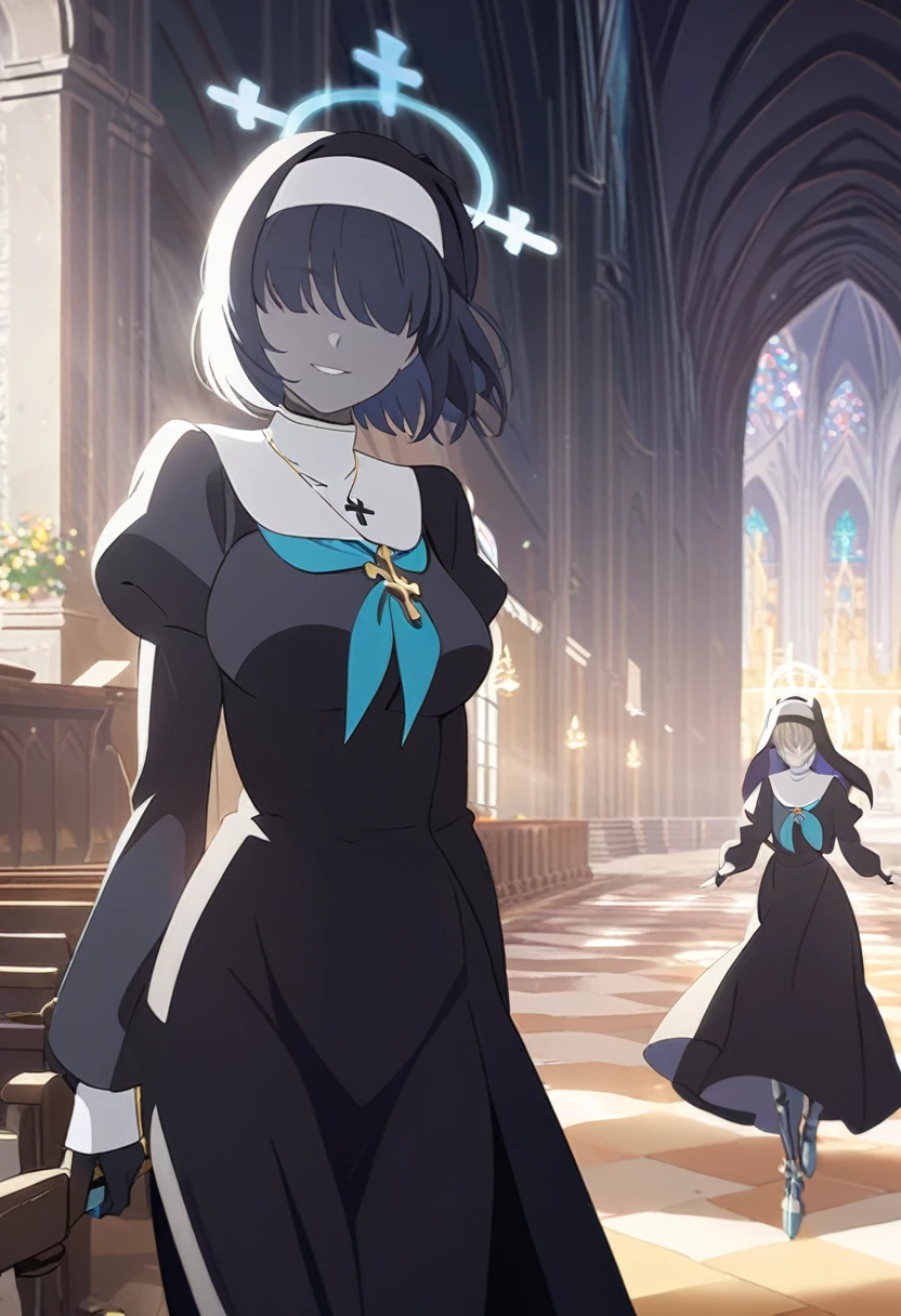 1girl, nun, cross, cross necklacke, jewelry, black hair, turquoise bangs, very short hair, hair over eyes, grey skin, yellow eyes, black dress, church, smile, prosthetic legs, radiant halo, (masterpiece), best quality, anime style, 