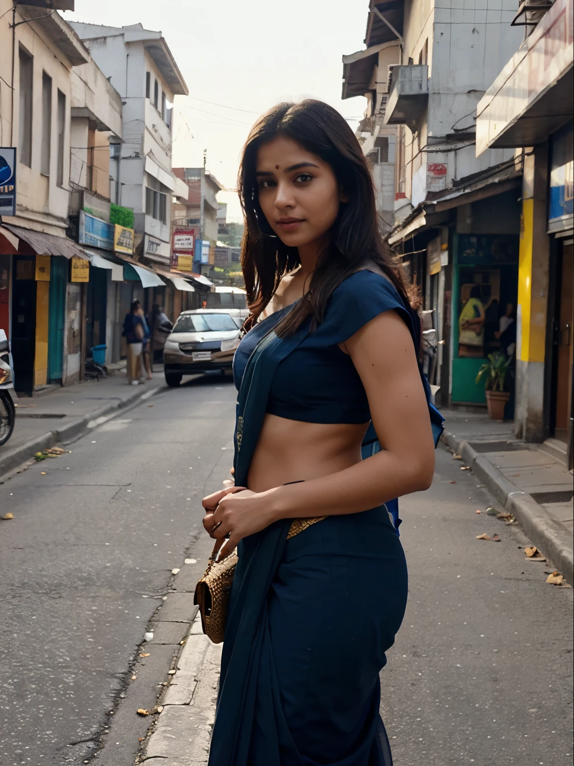 She is wearing a saree, posing for a picture, in a busy street