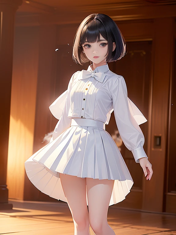 (masterpiece、Highest quality:1.7)、(12 years old:1.5)、(Full body shot:1.7)、((Bobcut、Black Hair))、85mm、16K、Official Art、RAW Photos、Best Beautiful Faces、Close-up、Violet、Gardenia、((The best beautiful girl、very cute))、Red blush on cheeks、((indoor))、(Are standing:1.8)、Film Grain、Chromatic Aberration、Sharp Focus、(((Nice hands、Perfect hands、Perfect Fingers、Thin and delicate fingers、A perfect body without flaws)))、Detailed face、(Slender body:1.5)、(Slender body:1.1)、(Slim upper body:1.1)、(Small and flat bust:1.7)、(Narrow thighs:1.3)、(Let your bangs hang down:1.8)、(Blushing:1.8)、(Low contrast lighting:1.4)、(襟t付きのwhiteタイトビジネスブラウス:1.5)、((white)Bowtie blouse:1.5)、(Long sleeve: 1.4)、(Very short length(white)Pleated mini skirt:1.8)、(Cover your chest with your palms:1.7),(The wind is blowing up her skirt:1.8),(Low angle from below:1.8)
