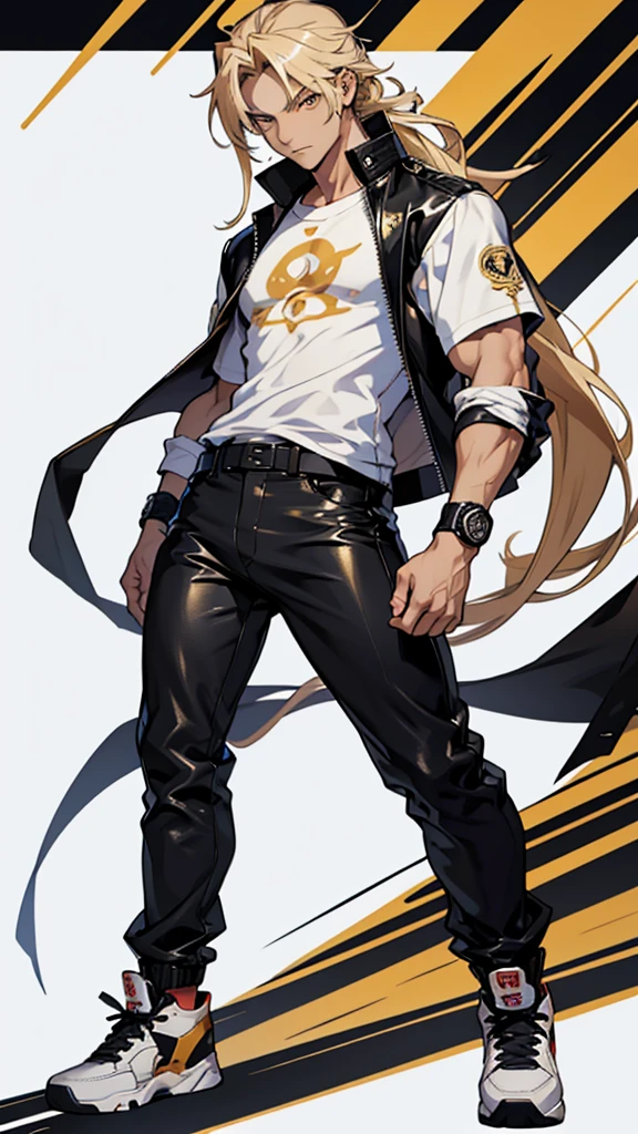 boy, 1.60 cm tall, gold eyes, long golden hair, thin and muscular, Tokyo Manji gang style and long face, fighter. anime, dressed in a white t-shirt, black long pants and a black leather jacket with leo symbol. Make the character look full body with long leather pants and big shoes.