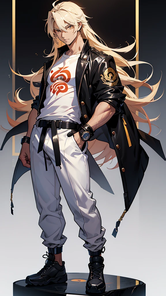 17 year old boy, 1.60 cm tall, gold eyes, long golden hair, thin and muscular, Tokyo Manji gang style and long face, fighter. anime, dressed in a white t-shirt, black long pants and a black leather jacket with leo symbol. Make the character look full body with long leather pants and big shoes.