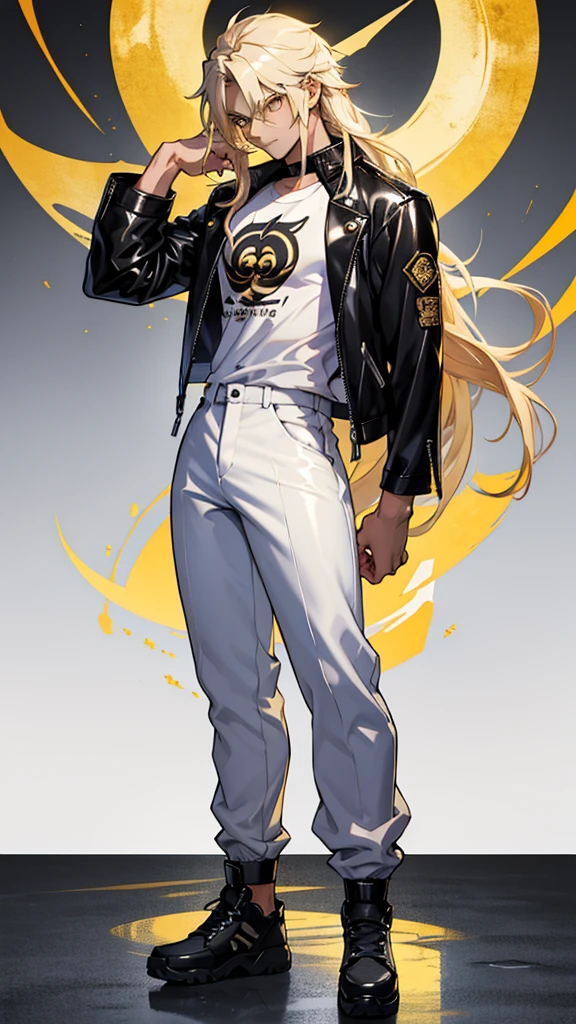 17 year old boy, 1.60 cm tall, gold eyes, long golden hair, thin and muscular, Tokyo Manji gang style and long face, fighter. anime, dressed in a white t-shirt, black long pants and a black leather jacket with leo symbol. Make the character look full body with long leather pants and big shoes.