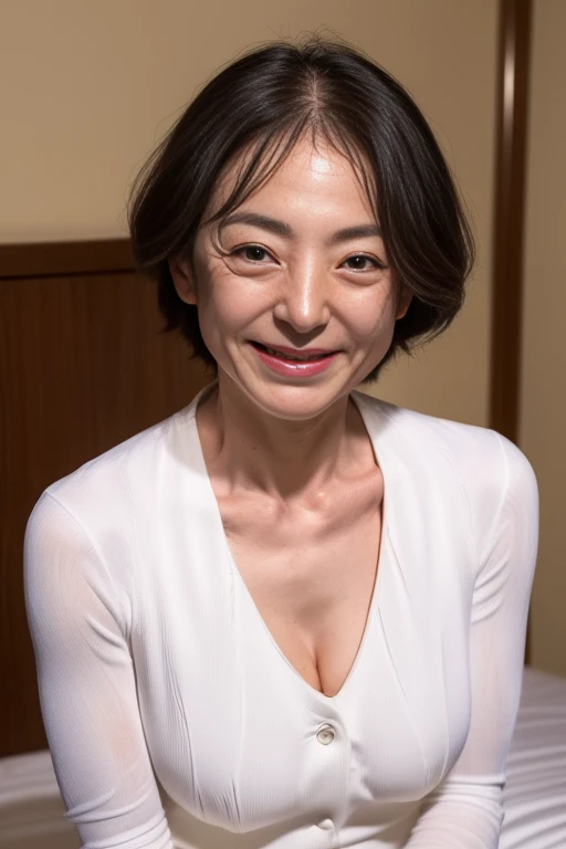 Japanese Mature, (alone), 62 years old, (Wrinkles around the eyes:1.5), Mature Woman, sexy, Fluffy perm hair, Pure white skin, Looking at the audience、Small breasts、Wearing a peplum suit、Black Pantyhose、smile、Hotel Bed、Sitting sideways、Panties exposed