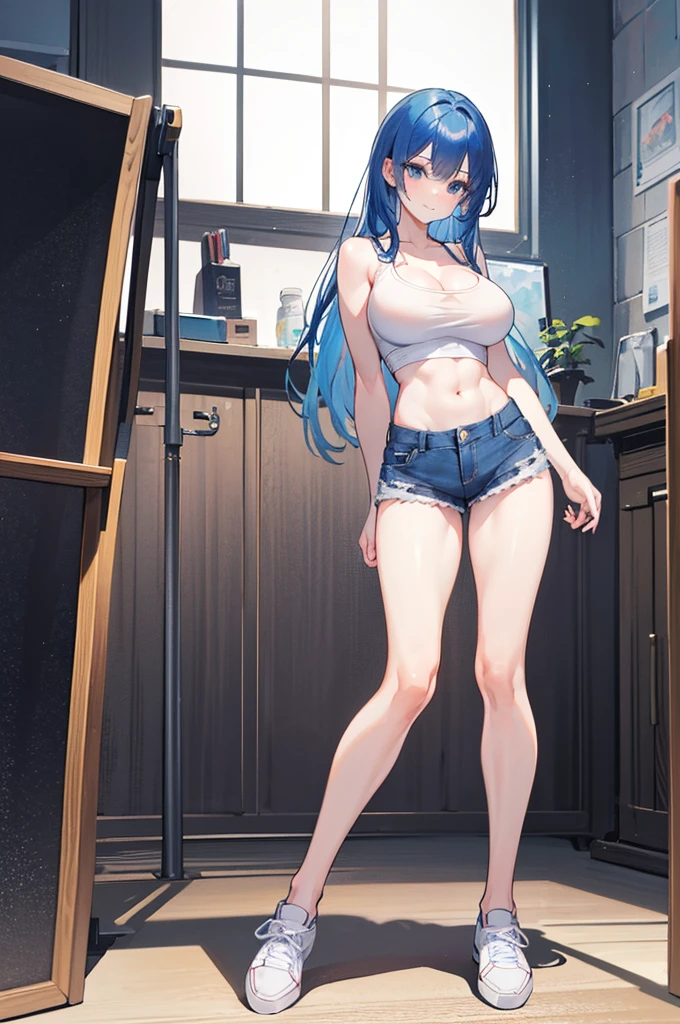 1girl, solo, (blue hair, blue eyes, long hair, bangs:1.0), (large breasts, biceps, triceps, muscular shoulders, muscular arms, narrow waist, petite:1.1), (white shirt, cleavage, bare shoulders, bare arms, bare legs, denim shorts, midriff peek, white shoes:1.0), light smile, indoors, full body,
