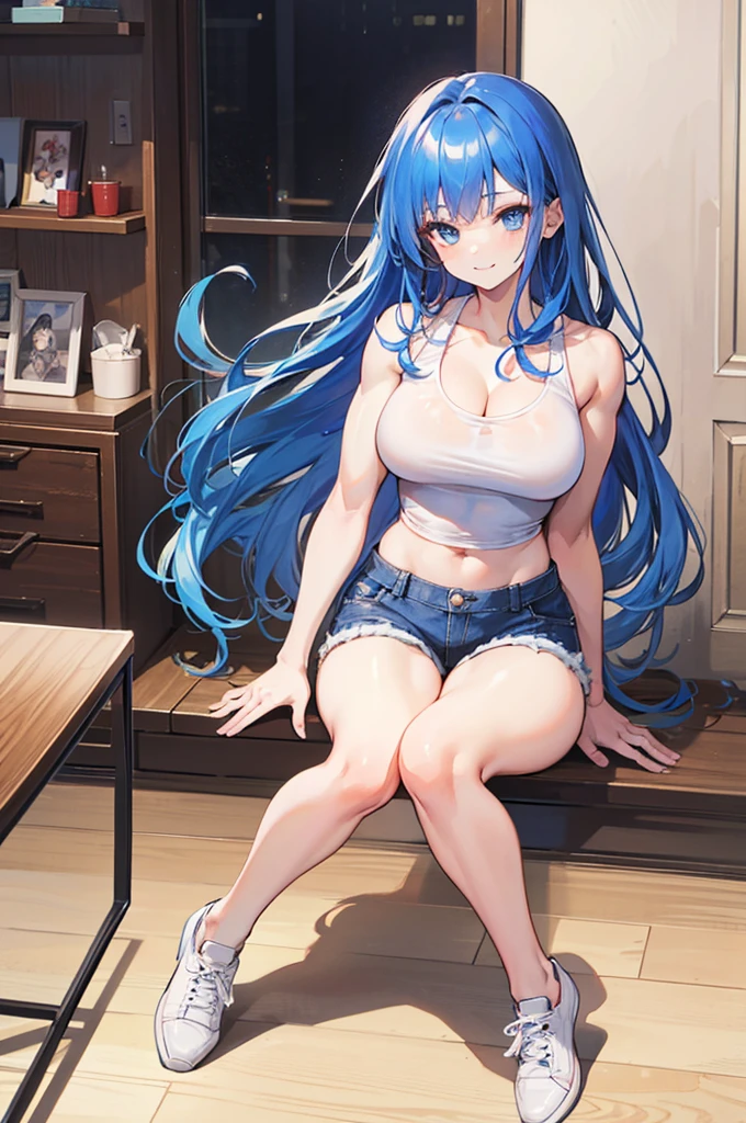 1girl, solo, (blue hair, blue eyes, long hair, bangs:1.0), (large breasts, biceps, triceps, muscular shoulders, muscular arms, narrow waist, petite:1.0), (white shirt, cleavage, bare shoulders, bare arms, bare legs, denim shorts, midriff peek, white shoes:1.0), light smile, indoors, full body,