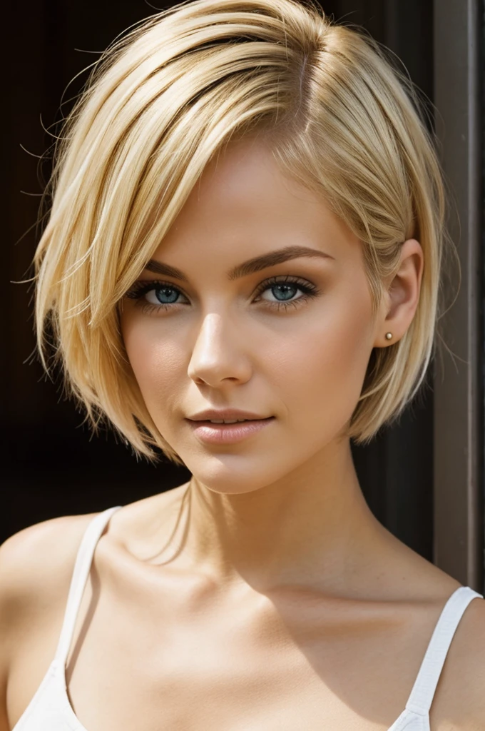 Blond woman with short hair and  
