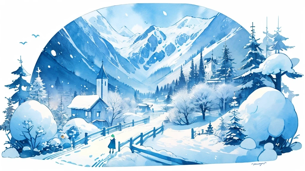 (((masterpiece))), highest quality, town, snow mountain, scenery, null, outdoor, watercolor (Moderate), traditional media, 