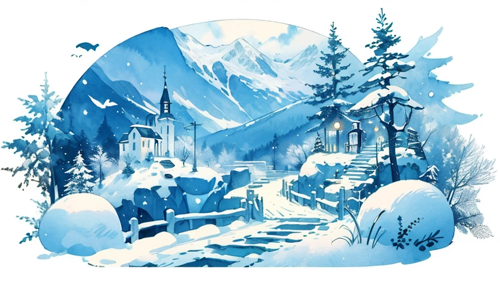 (((masterpiece))), highest quality, town, snow mountain, scenery, null, outdoor, watercolor (Moderate), traditional media, 