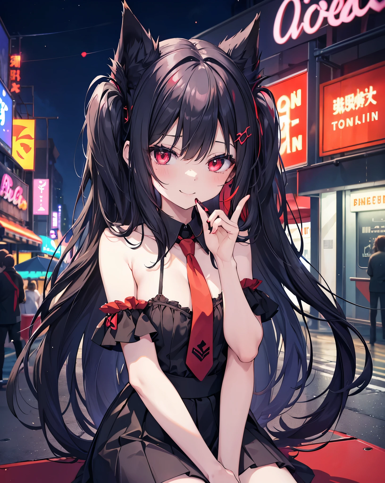 A succubus nekogirl, neko ears, demon tail, smiling with one kawaii Protruding canine as in anime,  face Foaming at the mouth. Black hair, red eyes, beautifull , cute and . Little black and red demon Wings.She wants me.black with loose necktie and skirt.  shoulders.lollipop girl. She is 24 years old.She is sitted on top of a Ferris wheel Illuminated by neon lights of every color. Anime Scenery and cinematic.hdr.
