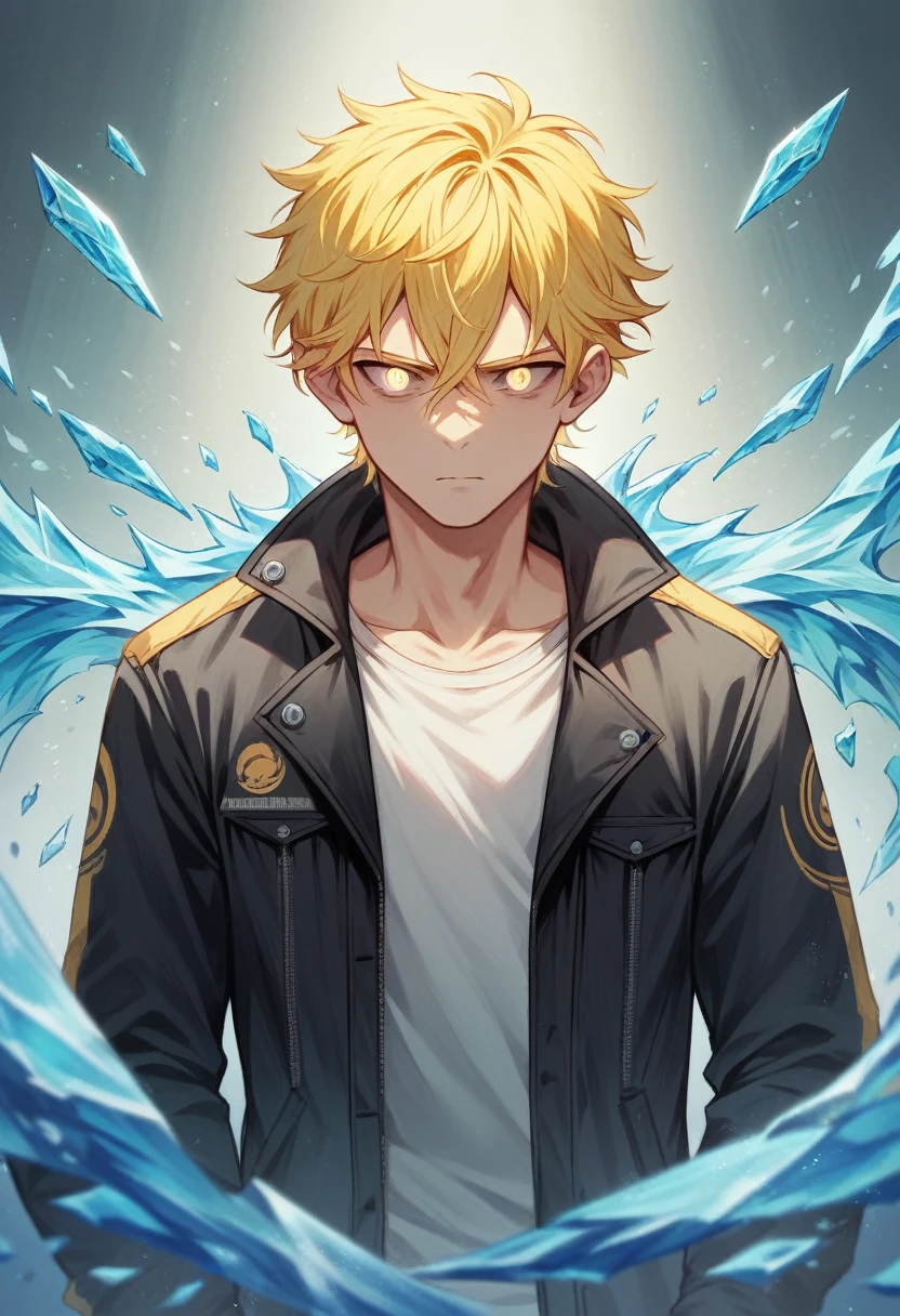 1boy,wearing a black jacket with blue ice energy running throughout the jacket,golden grey eyes, ((yellow hair)), wavy messy unkept hair, ultra detailed eyes, glowing eyes, highest quality digital art, Stunning art, wallpaper 4k, highly detailed,BREAK